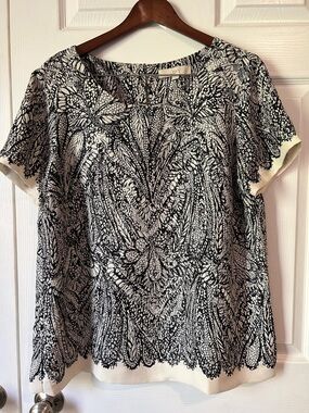 LOFT Black & Cream Short Sleeve Patterned Blouse